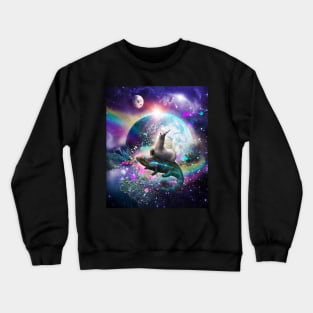 Llama Riding Rainbow Chameleon Lizard In Space Universe Crewneck Sweatshirt